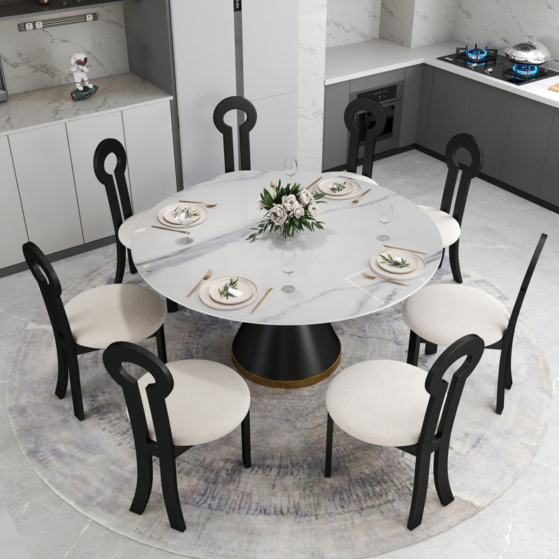 8 Seat Dining Table Set With Modern Key-shaped Dining Chairs, 9-piece Dining Set, Black, White