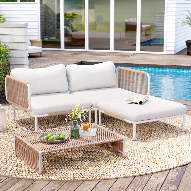Imir 3 - Person Outdoor Patio Sectional Sofa with Cushions, Beige Cushion/Natural Frame