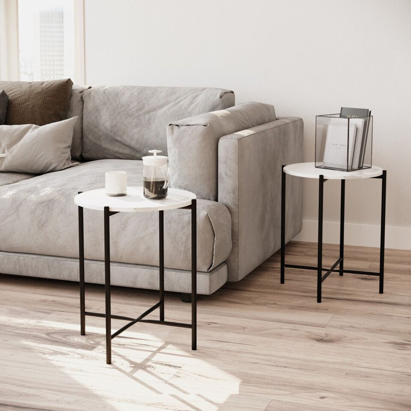 Set of 2 Pcs Marble Effect Tops Square Side End Coffee Table Metal Frame, White