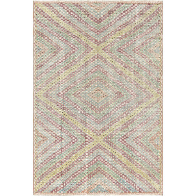 Tapis unique en laine noué à la main de 6 pi x 9 pi beige, rouge et vert des années 1960