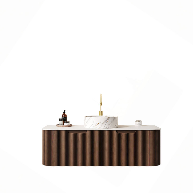 Meuble-lavabo 48 po, meuble-lavabo rayé à bords arrondis avec 2 tiroirs, lavabo rond en céramique blanc et plateau en pierre frittée blanc de Carrare, pré-assemblé