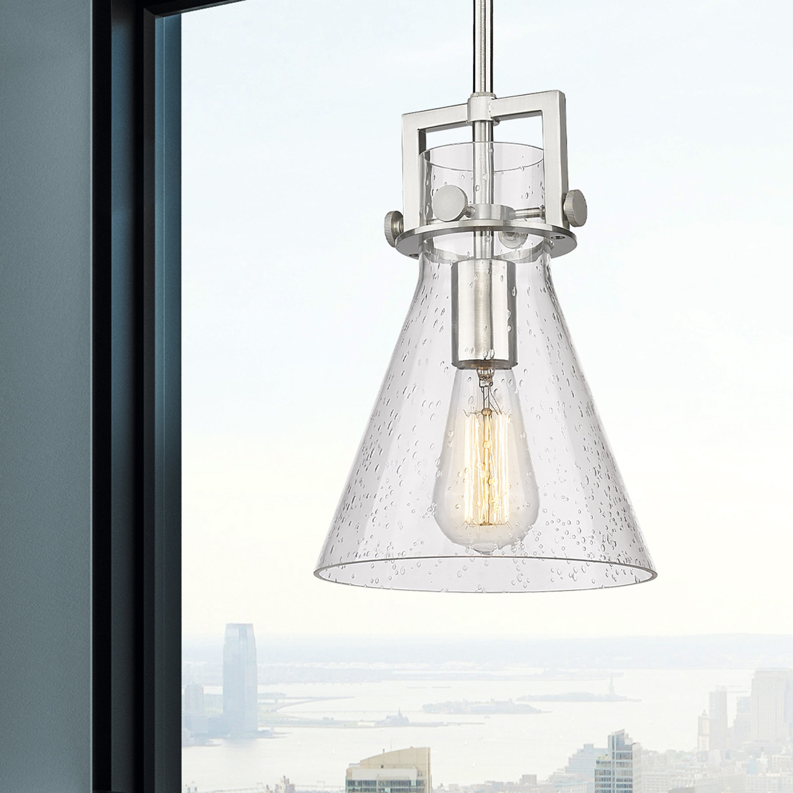 Coterie Single Light Glass Dimmable Pendant, Seedy, Satin Nickel, 11.38" H x 8" W x 8" D