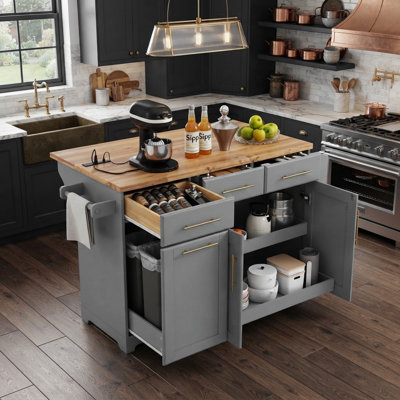 Îlot de cuisine roulant de 150,5 cm (59,3 po) avec rangement, comptoir rabattable, organisateurs de placards coulissants, rangement pour poubelle et prise de courant pour la cuisine et la salle à manger