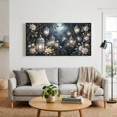 Ensemble de 1 tableau mural en toile à motif floral et lanterne