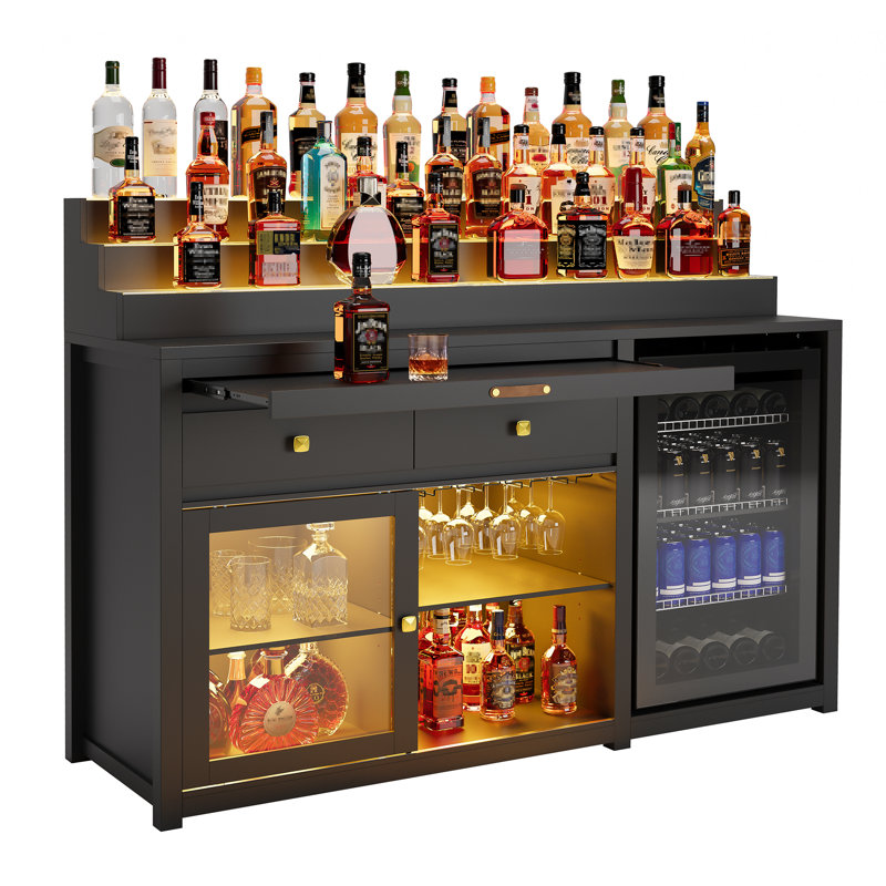 Meuble-bar de 153 cm (60,2 pouces) avec compartiment réfrigérateur, présentoir à 3 niveaux, noir