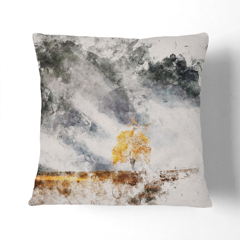 Lone Tree at Dusk Watercolour Cushion with Filling, 40cm H x 40cm W x 15cm D
