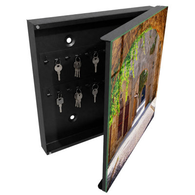 Decorative key box for wall, Opens to the right, 30x30x5, White, Historic architecture with greenery, 