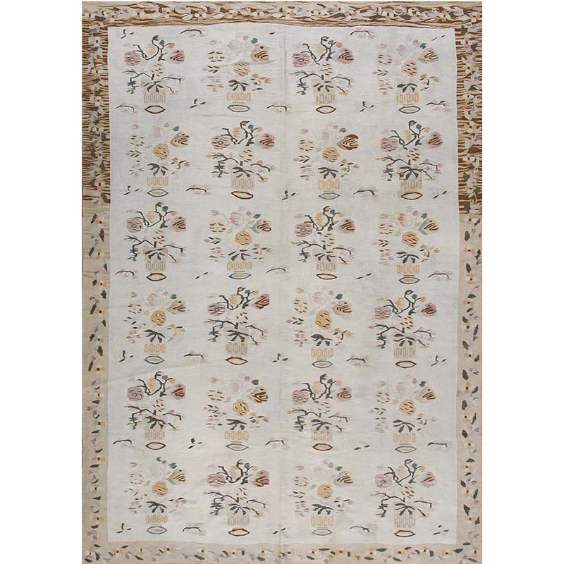 Room Size Antique Light Ivory Color Floral Flatwoven Bessarabian Kilim Rug