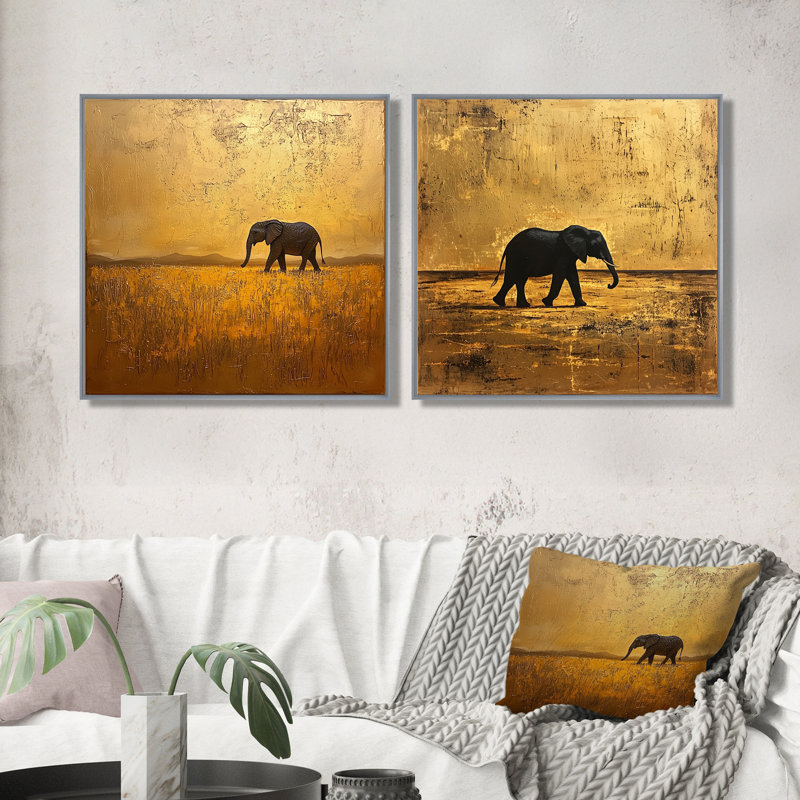 Éléphant doré dans le désert ouvert d'Afrique I - Art mural animal éléphant - décoration murale moderne 2 pièces