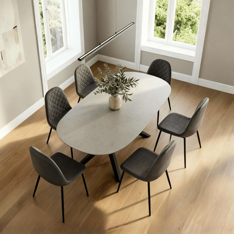 Sigma Modern Grey Dining Table and 6 Grey Anastasia Chairs Set, 76cm H x 200cm W x 100cm D