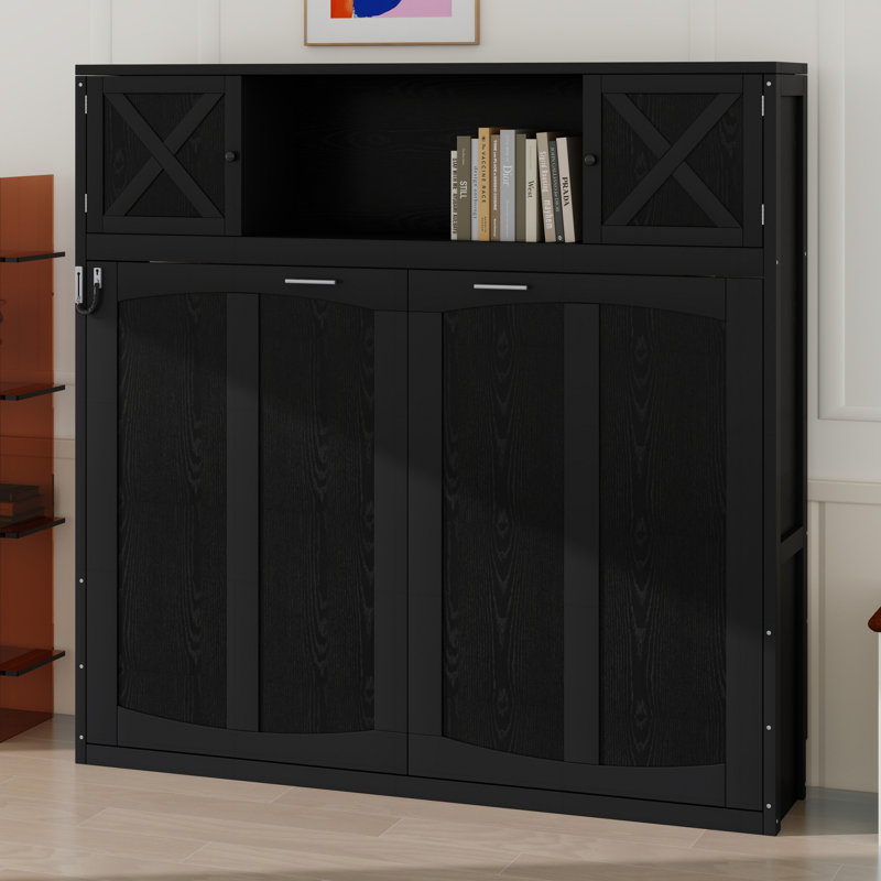 Cadre de lit escamotable multifonctionnel, armoires de rangement pratiques intégrées, Noir