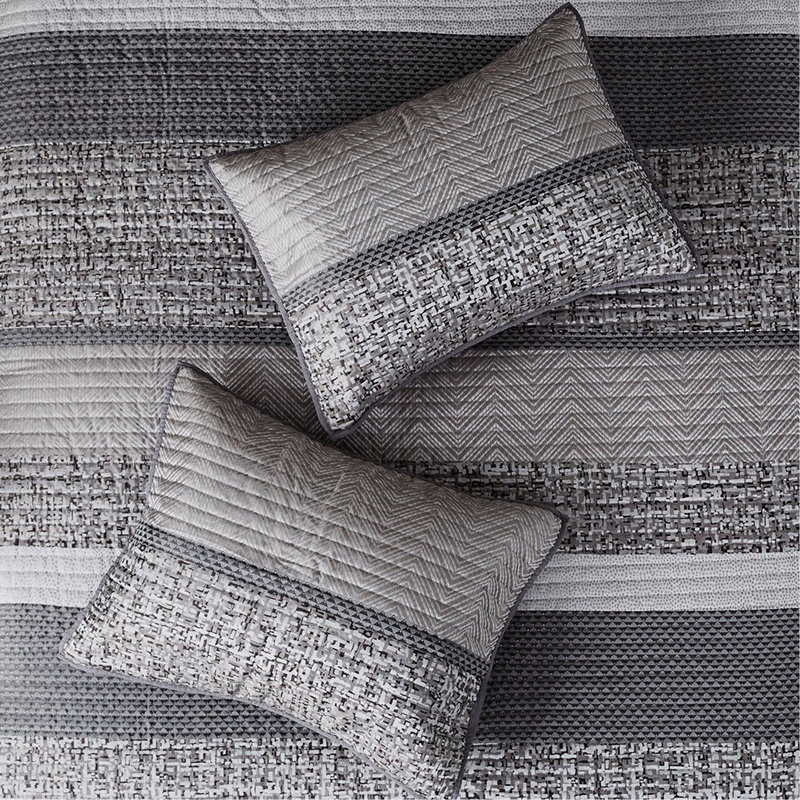 Courtepointe réversible grise / taupe 6 pièces - Broderie de style transitionnel double / grand luxe et coussins plissés Literie lavable à la machine Broderie décorative Rhapsody
