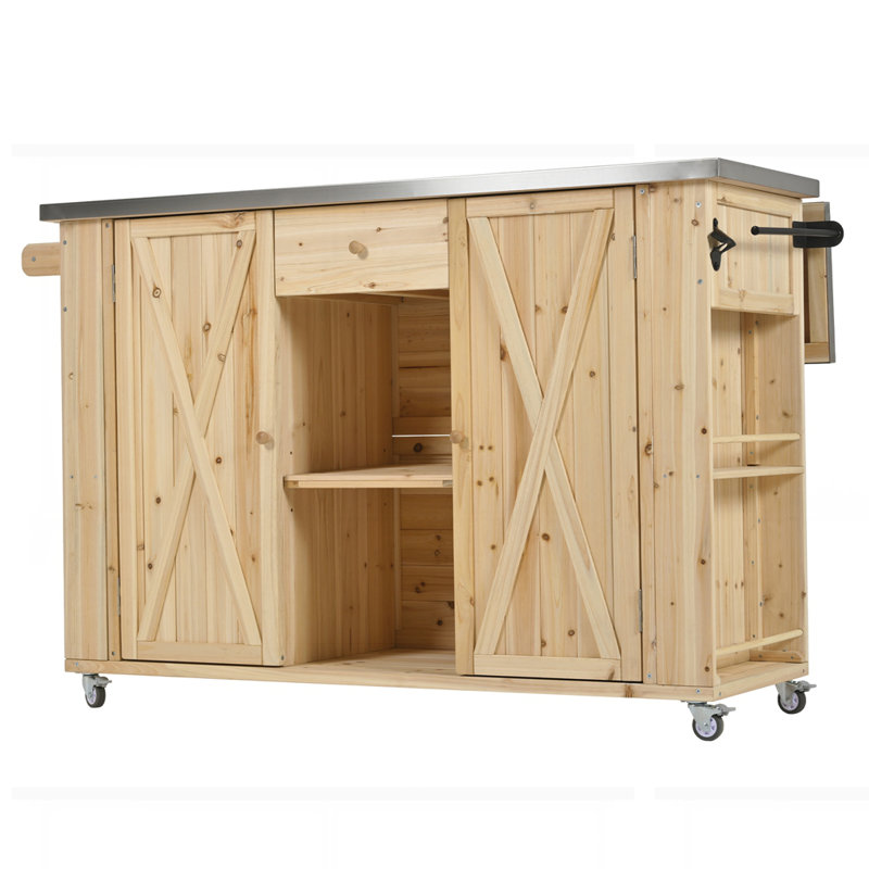 Wood Kitchen Island with Stainless Steel Top, Natural Wood