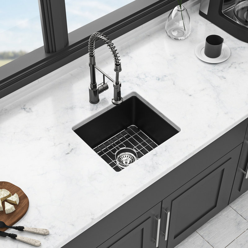 Black Quartz Undermount Kitchen Sink 17.32"X16.07" - Advanced Composite For A Stable Sink, Eliminates Noise And Dirt, Non Porous Cleaner Surfaces, Rounded Design, Comes With Guide Bottom Grid Granite
