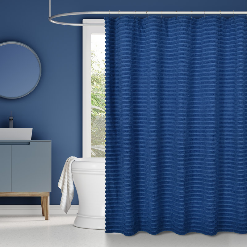 Azure Blue Polyester Standard Shower Curtain with Tufted Stripes