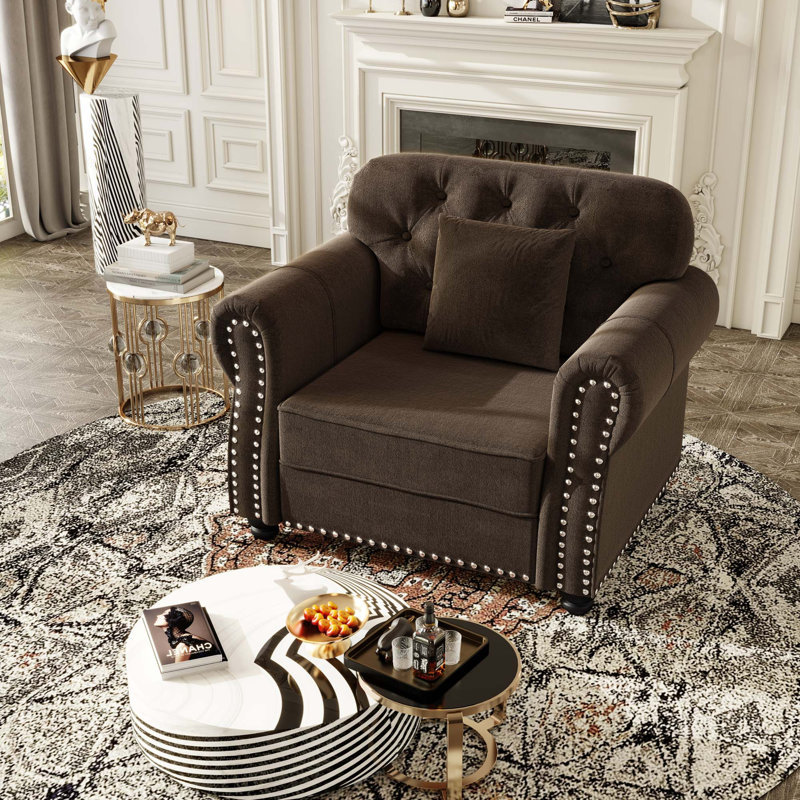 Canapé Chesterfield Mid-Century moderne en velours avec capitonnage et garniture cloutée, Brun