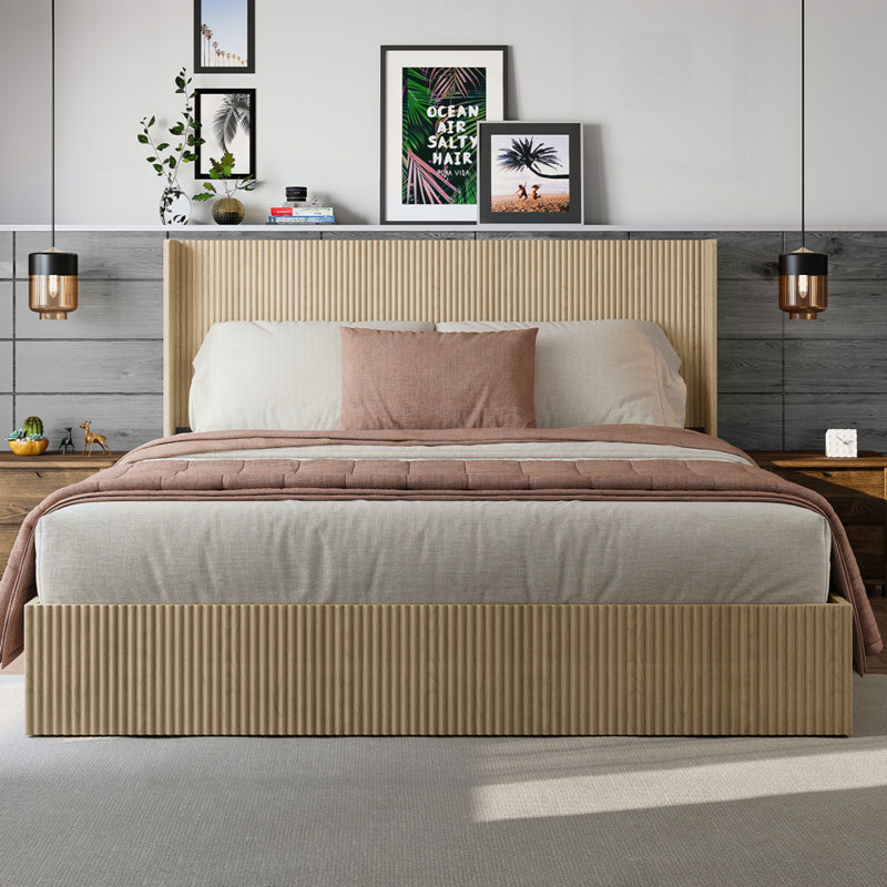 Base de lit plateforme en bois avec rangement relevable, Chêne, Très grand lit