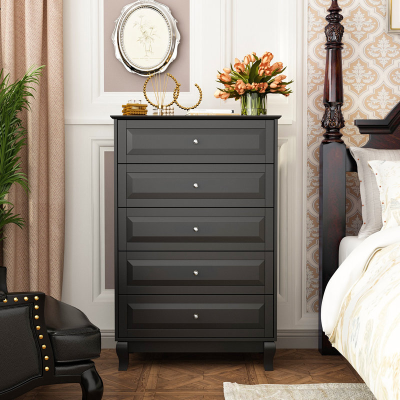 Commode 5 tiroirs avec finition noire, Noir