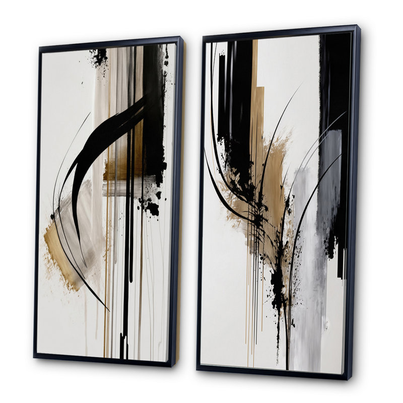 Noir, blanc et or Expression I - ensemble d'art mural abstrait de 2 pièces, Cadre noir, H 40 po x l 40 po