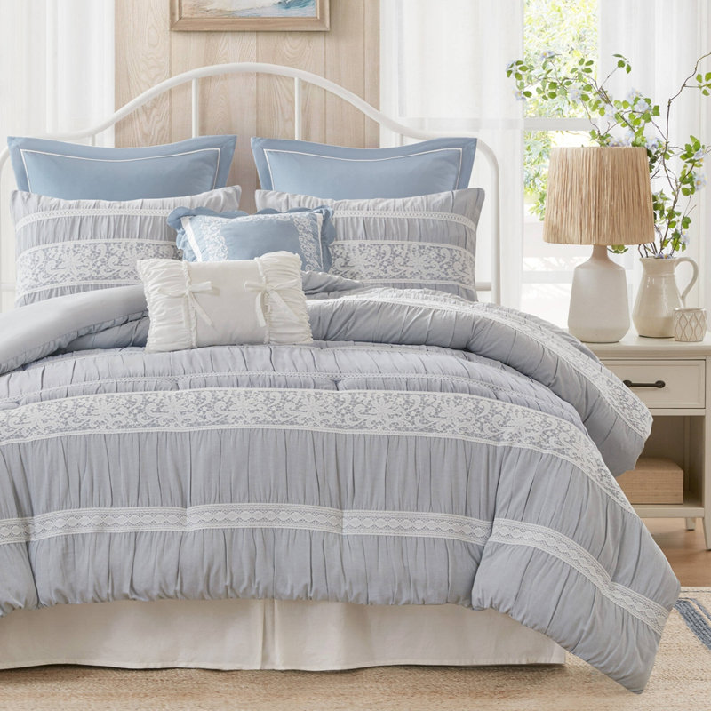 Ensemble d'édredon 7 pièces en jacquard pour très grand lit, Bleu, King Sheet Set with 6 Additional Pieces