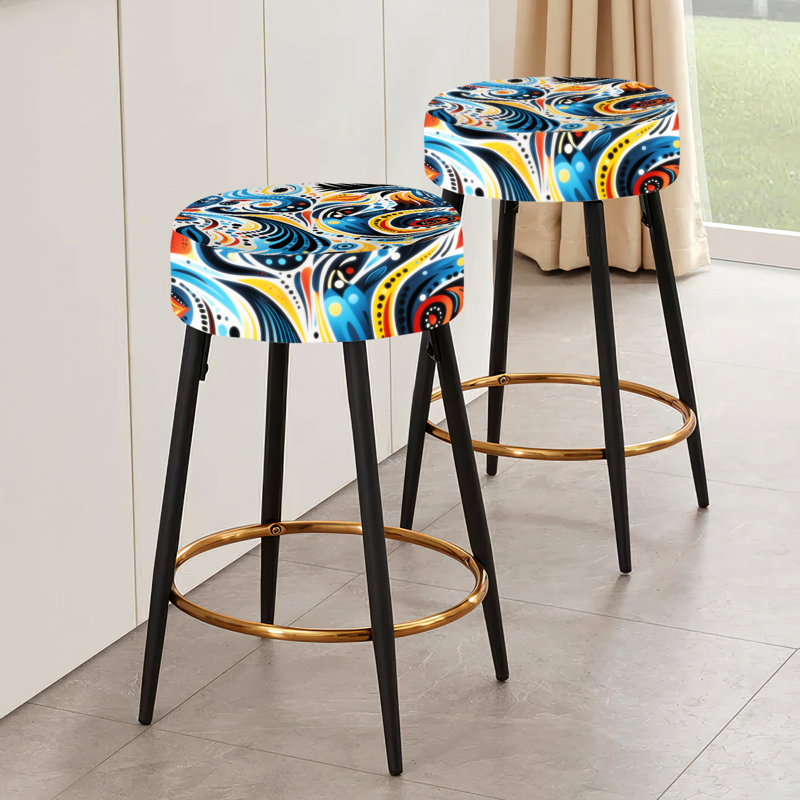 Blue and Orange Tribal Dreams I - Ensemble de 2 tabourets de bar abstraits