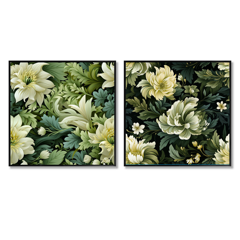 Ensemble de 2 collages floraux verts et élégance, Cadre flottant noir, H 16 po x l 33 po