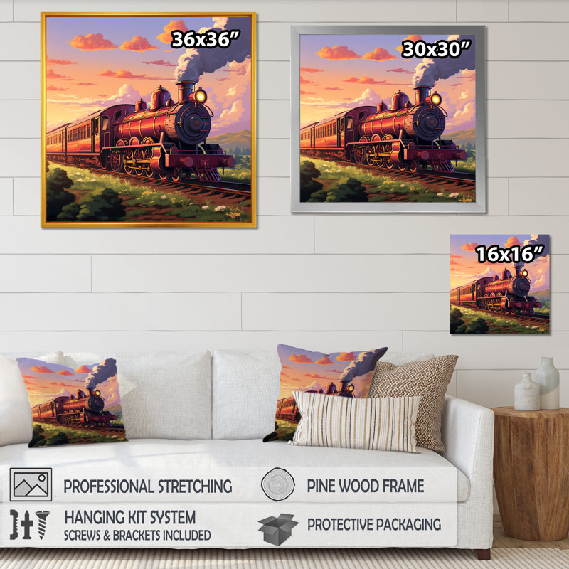 «Sunset Train Voyage In Usa I» - art mural train, H 30 po x l 30 po x P 1,5 po