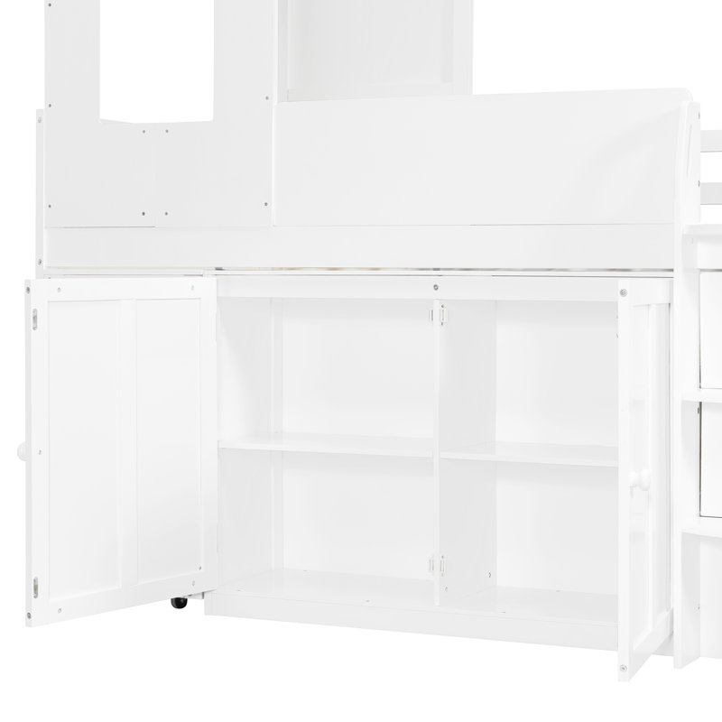 Lit mezzanine simple de style maison simple avec bureau roulant, armoire de rangement et tiroirs, Blanc