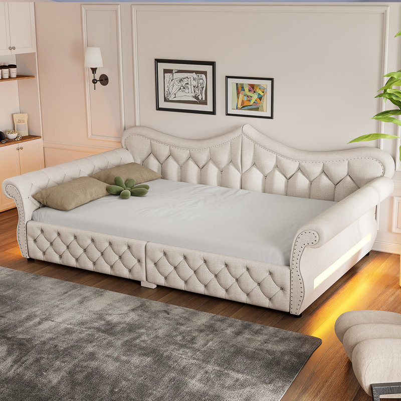 Queen Size Upholstered Daybed with LED Lighting & Nailhead Trim, Beige, Beige