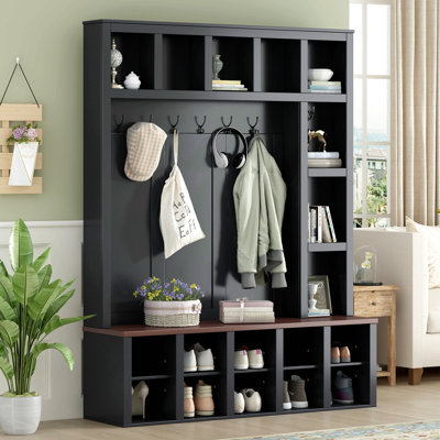 Arbre d'entrée en bois Farmhouse avec 6 crochets, banc de rangement en noyer avec tablettes réglables, armoire à chaussures d'entrée 4 en 1 avec casiers