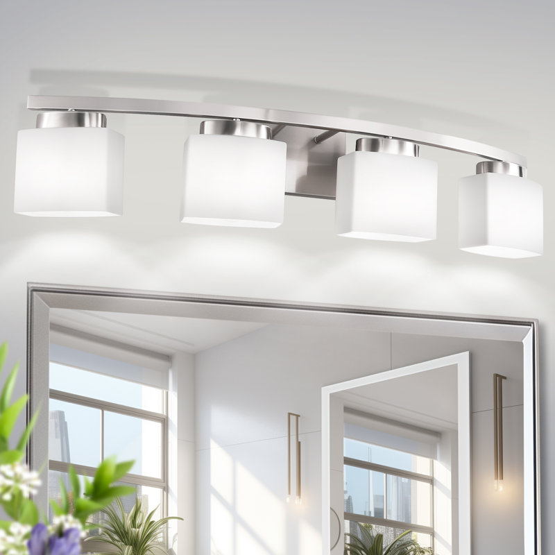 4-Light Modern Square Vanity Light For Bathroom, Bedroom With Curved Arms And Milk White Glass Shades, Nickel