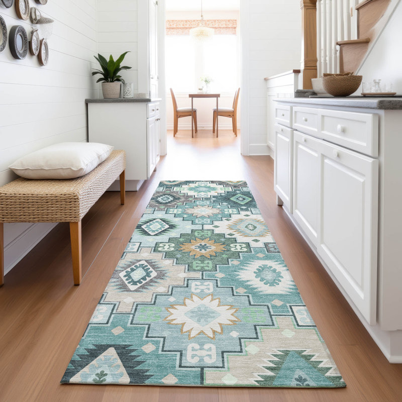 Tapis bleu sarcelle lavable à la machine intérieur / extérieur Xhevrie, Tapis de couloir 2 pi 3 po x 7 pi 6 po