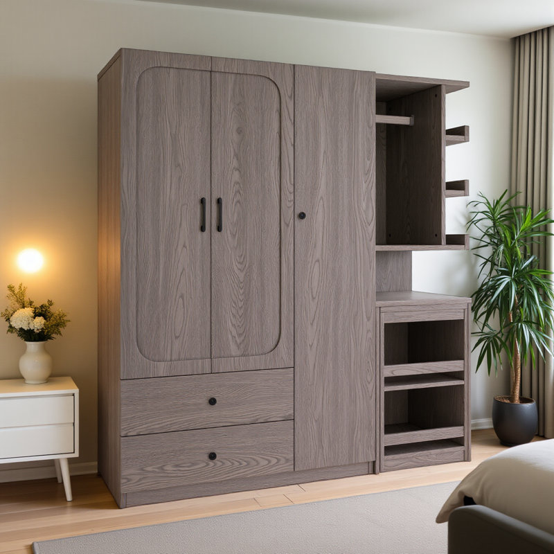 Armoire à 2 portes avec garde-robe, bureau convertible et tiroirs de rangement pour chambre, garde-robe ou buanderie, grise