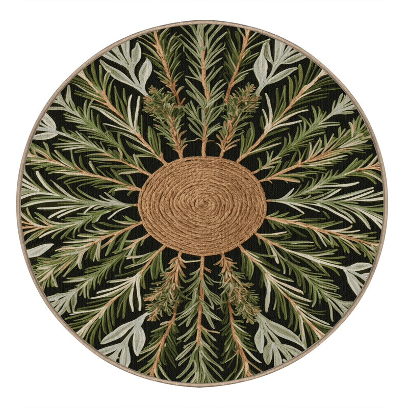 Tapis botanique brun lavable à la machine, Rond 8 pi