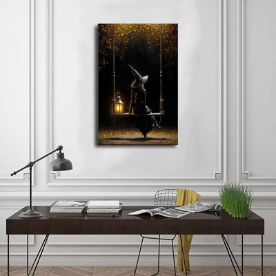 Sorcière sur balançoire, lanterne d'Halloween gothique, affiche sur toile, décor de chambre à coucher, paysage sportif, décoration de bureau, cadre de cadeau, 16 x 24 pouces
