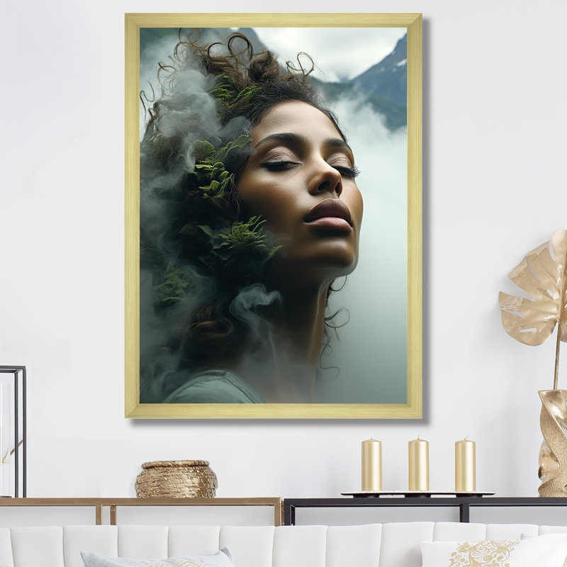 "Double Exposure Woman and Mountain Echoes III", H 32 po x l 24 po x P 1 po, Cadre flottant doré