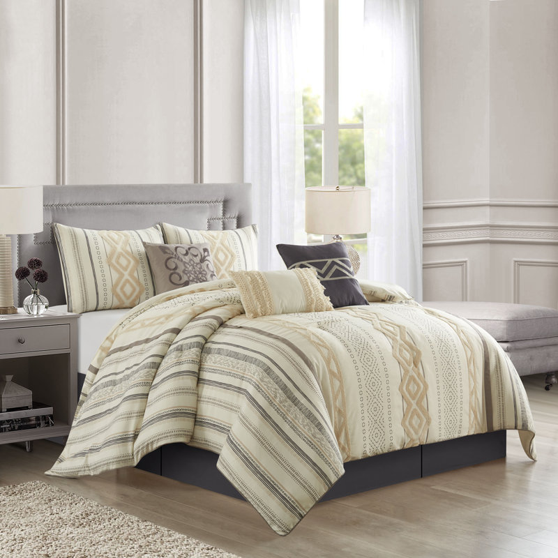 Samara Beige/Ivory Microfiber 7 Piece Comforter Set, California King Comforter + 2 King Shams