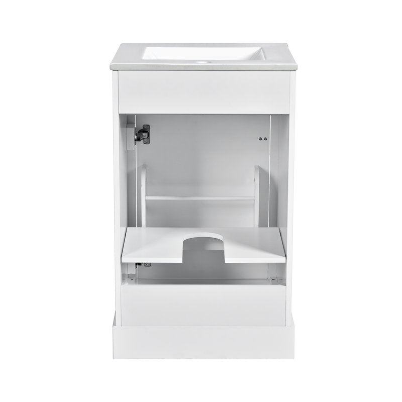 Meuble-lavabo autoportant de 20 po avec lavabo en céramique et support de porte, Blanc