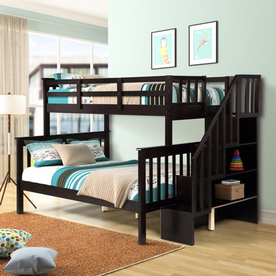Lit superposé double dans la chambre à coucher, escalier à quatre marches, rangement, barrière de sécurité, lit à pieds en pin avec escalier, espace de rangement, boîte à ressorts non requise