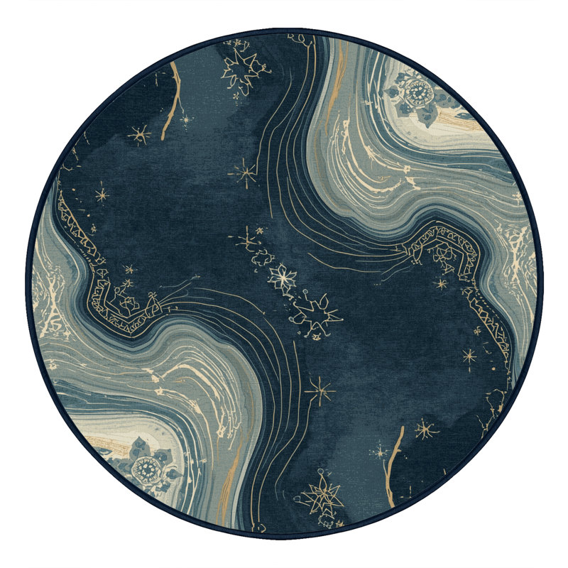 Tapis marocain d'inspiration mondiale Orionna lavable à la machine - reliure bleu marine, Rond 7 pi