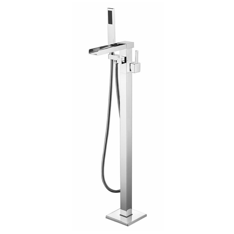 Vinter 67 in White Freestanding Acrylic Flatbottom Soaking Bathtub with Chrome Hardware and Cascata Tub Filler, 67 in