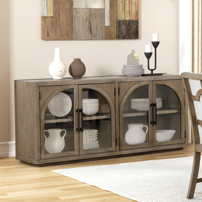 4 Doors Wooden And Glass Server With Adjustable Shelves In Oak