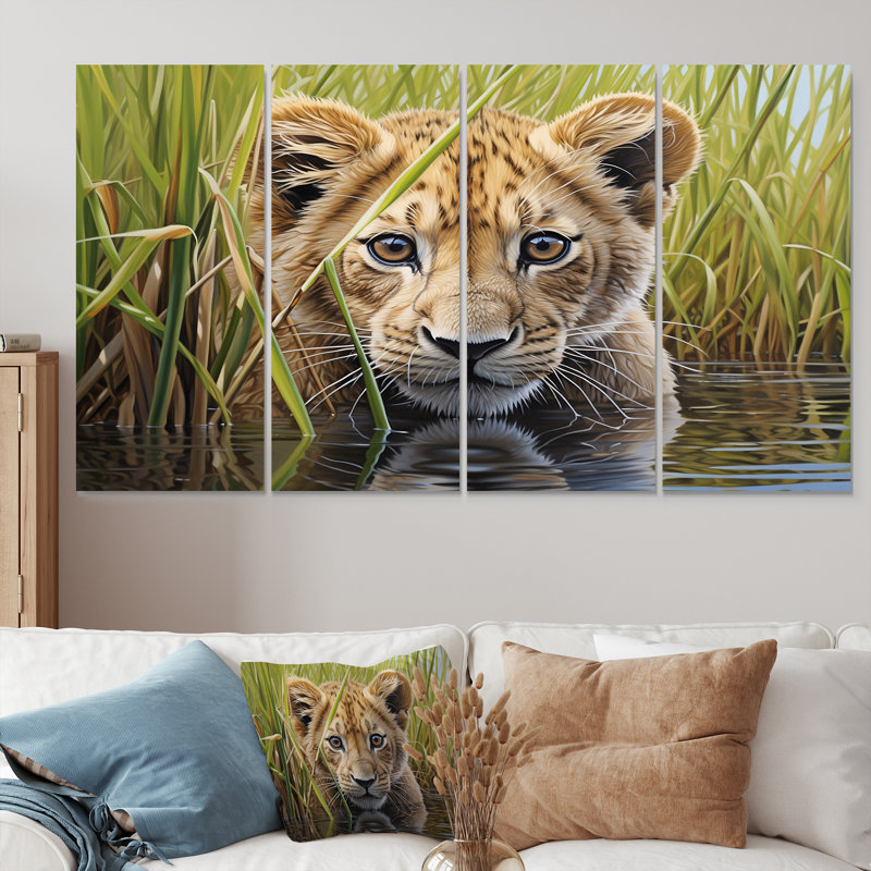 «Endearing Lion Cub By The River - Lion Animal», art mural sur toile 4 pièces, H 32 po x l 64 po