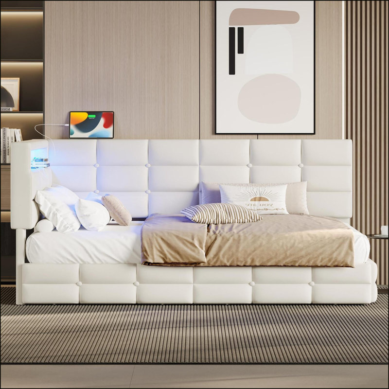 Twin Size Eucalyptus Wood-Iron Upholstered Daybed with Storage, Charging Station &amp; LED Lights, No Box Spring Needed, Beige for Bedroom/Guest Room