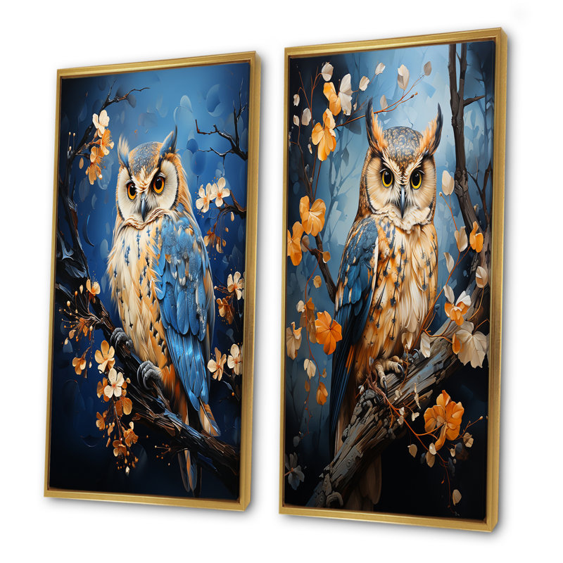 «Enchanted Forest Sentinels Owl - Owl», ensemble de 2 reproductions d'art mural, Cadre flottant doré, H 28 po x l 25 po