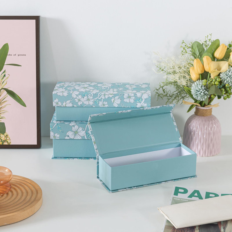 Boîtes de rangement décoratives avec couvercles, ensemble de 3 boîtes en carton pour la décoration intérieure et les documents, organisateurs de souvenirs pour souvenirs avec fermeture magnétique, rangement pour photos, botanique bleu