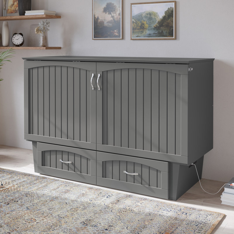 Lit escamotable en bois massif avec station de charge et matelas Kindig, Grand, Gris