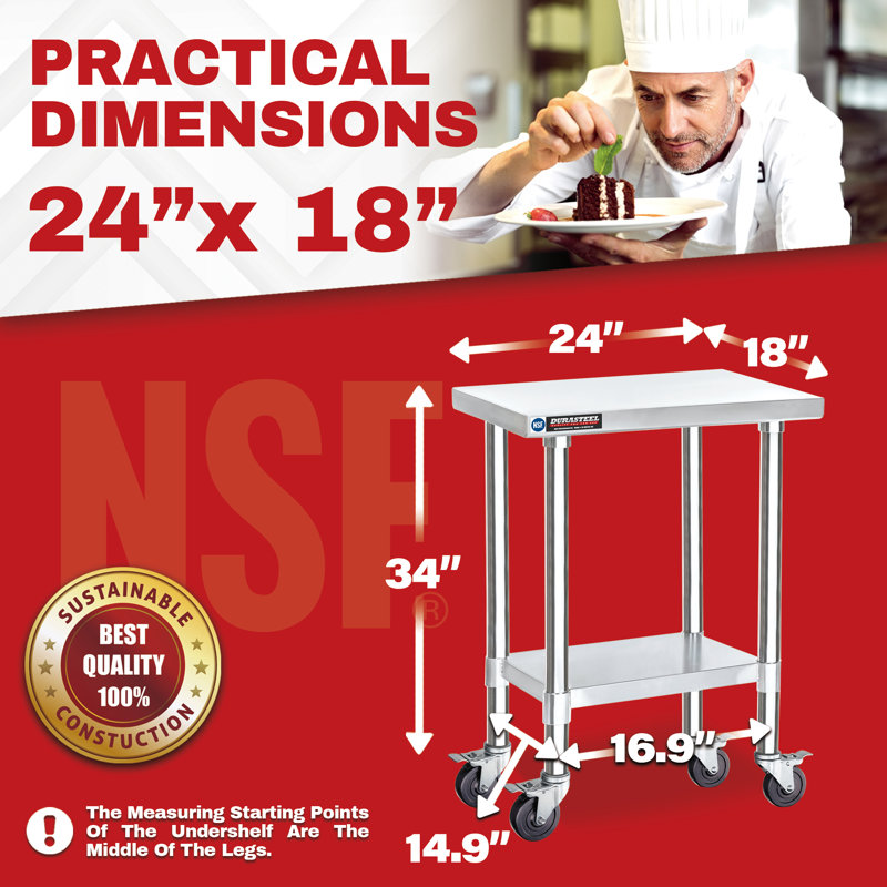 Chariot de table mobile 24 po x 18 po en acier inoxydable avec tablette réglable - Certifié NSF