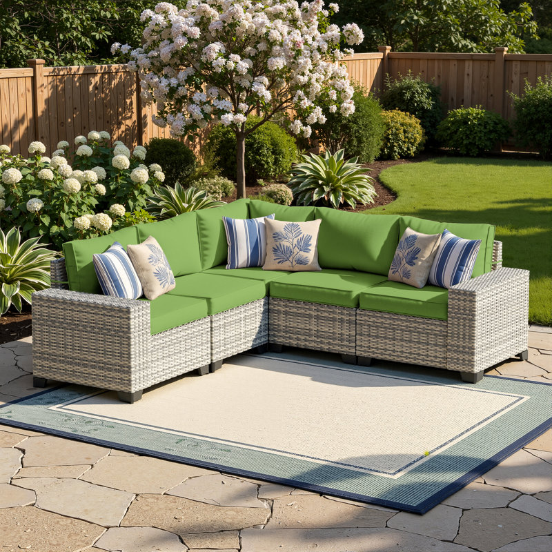Ensemble de canapé modulaire d'extérieur en osier 5 personnes avec coussins et accoudoirs larges, Vert lime