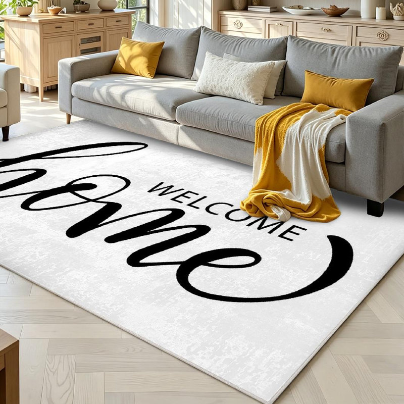 Tapis d'intérieur noir à motif de pinceau dessiné et brossé Welcome Home, Rectangle 71" x 98"
